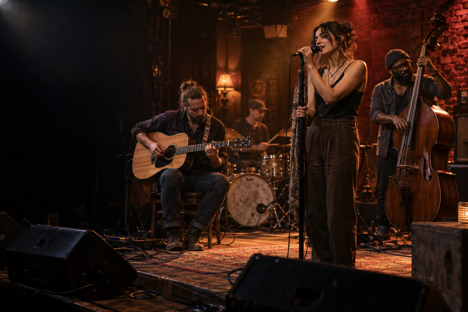 Concept scene of a singer, guitarist, bassist and drummer performing on an intimate stage